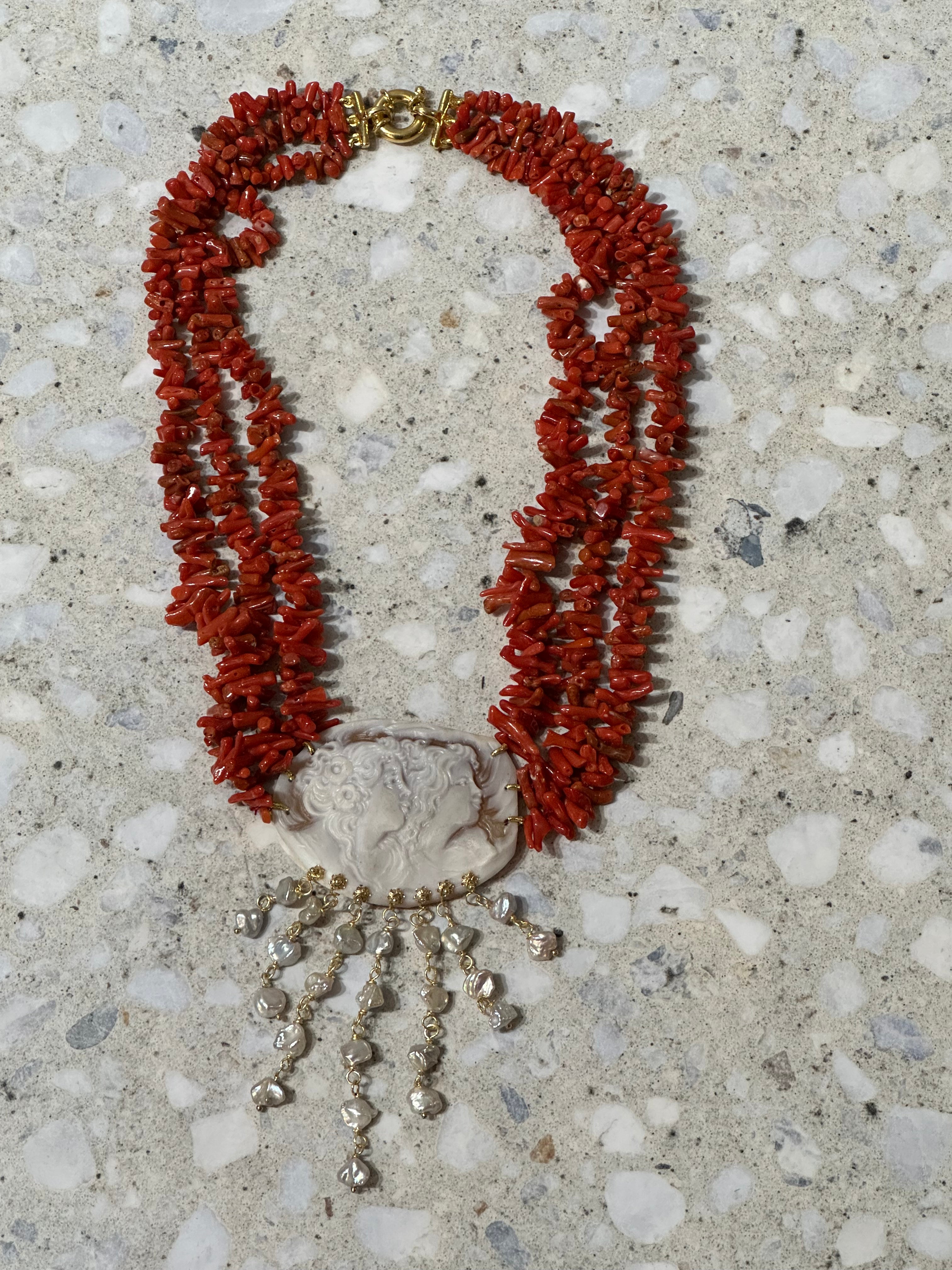 Coral Choker with antique faces