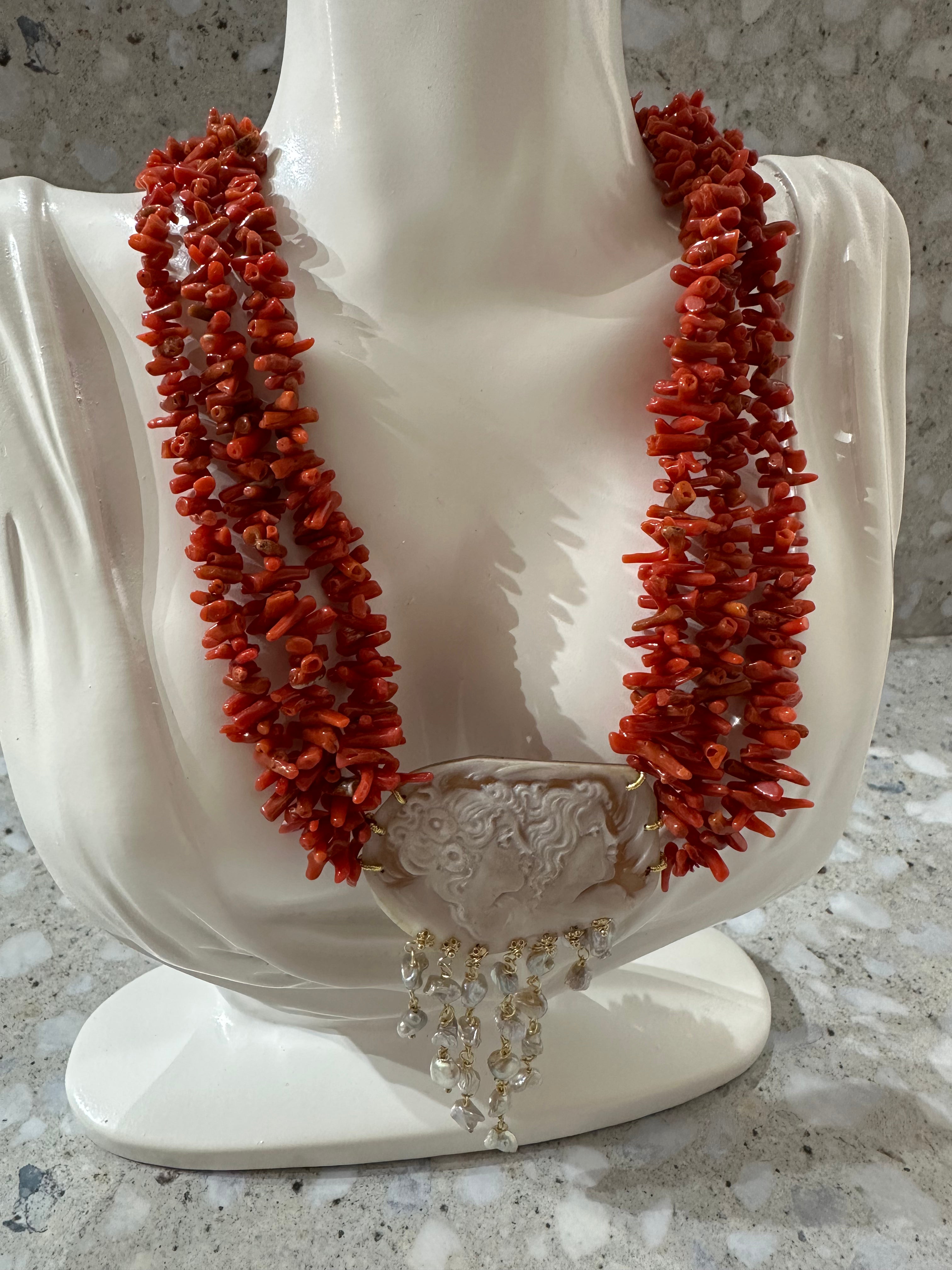 Coral Choker with antique faces
