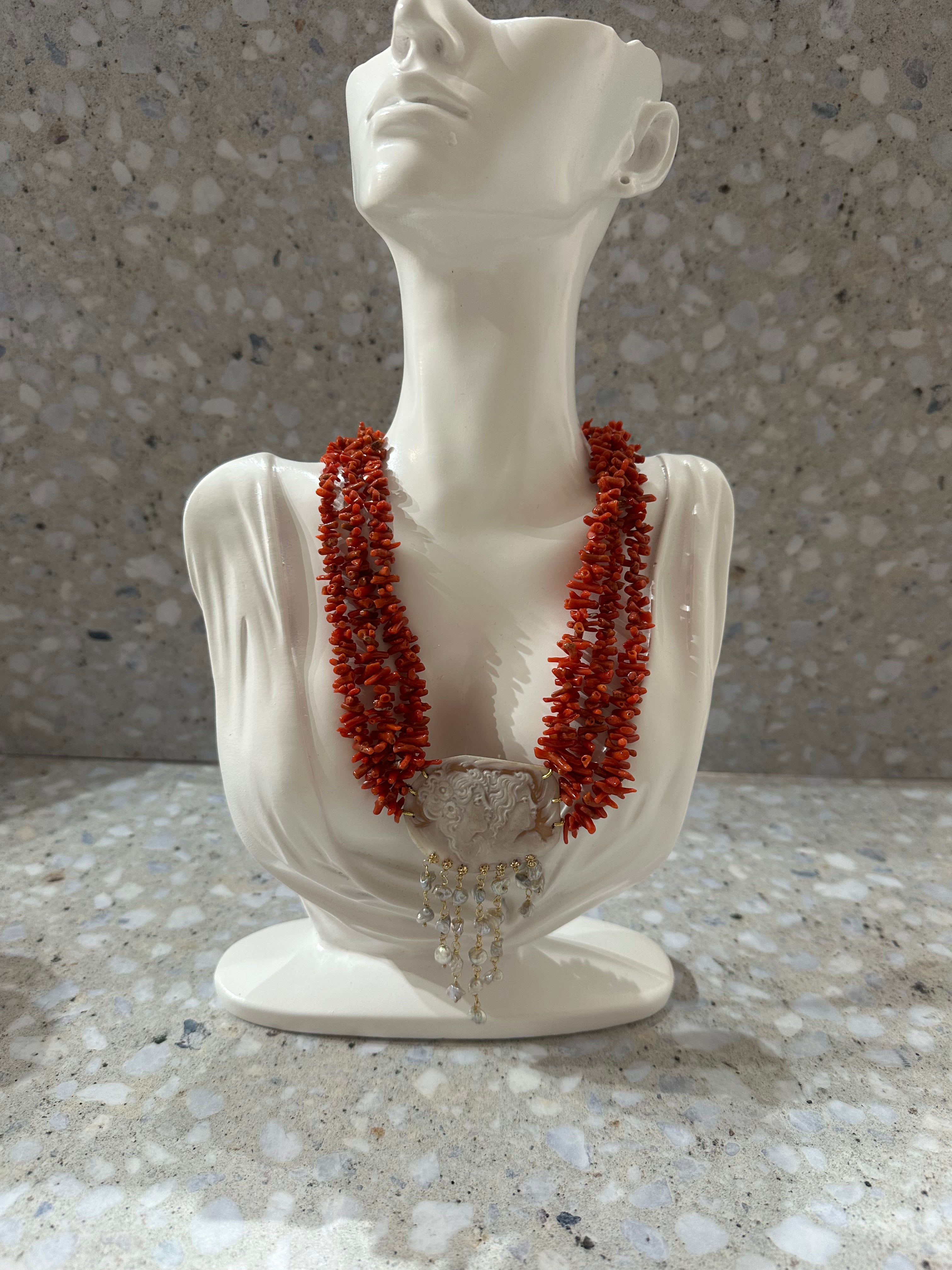 Coral Choker with antique faces