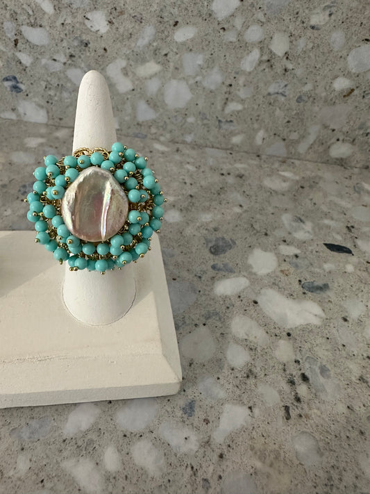 Beaded Pearl Ring - Turquoise