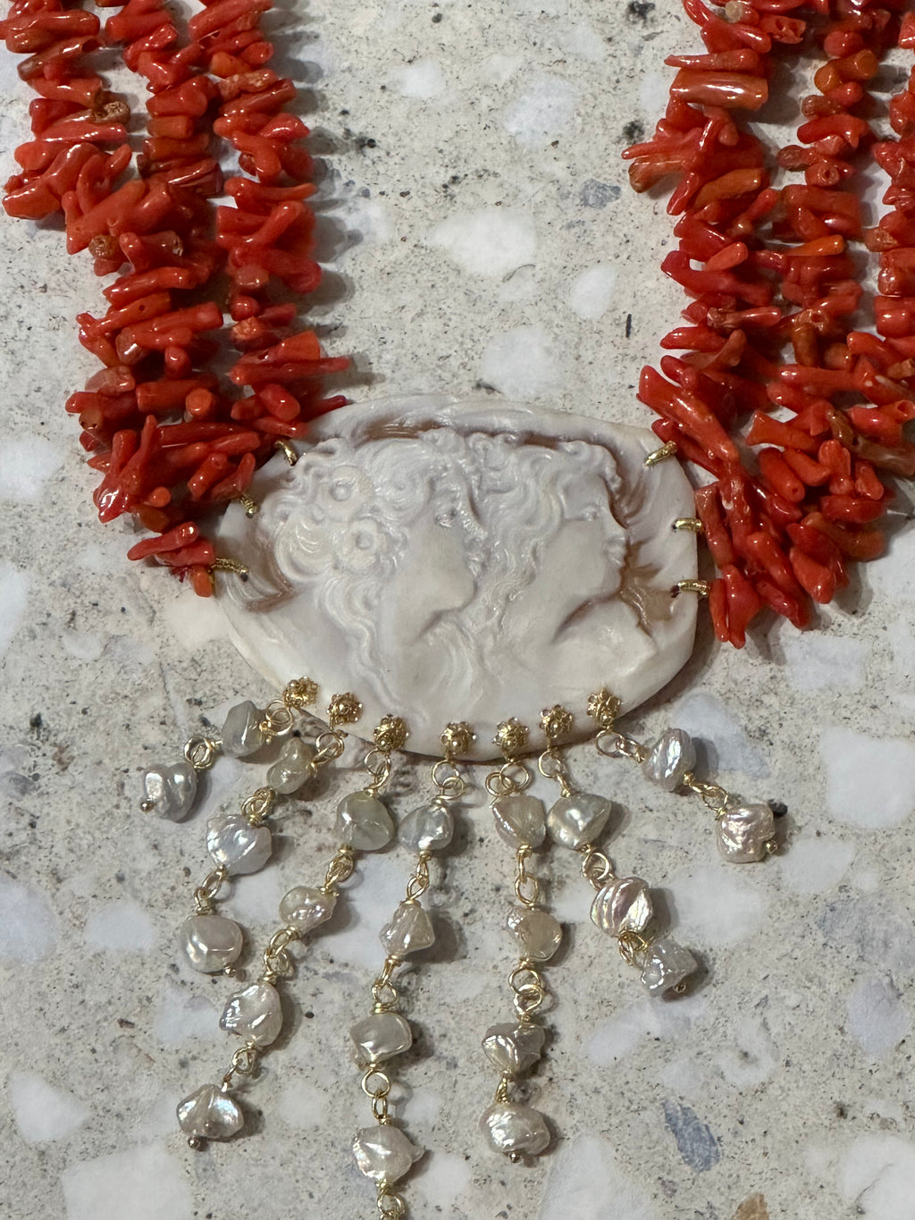Coral Choker with antique faces
