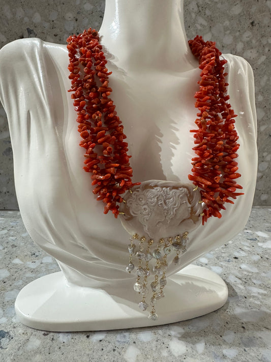 Coral Choker with antique faces