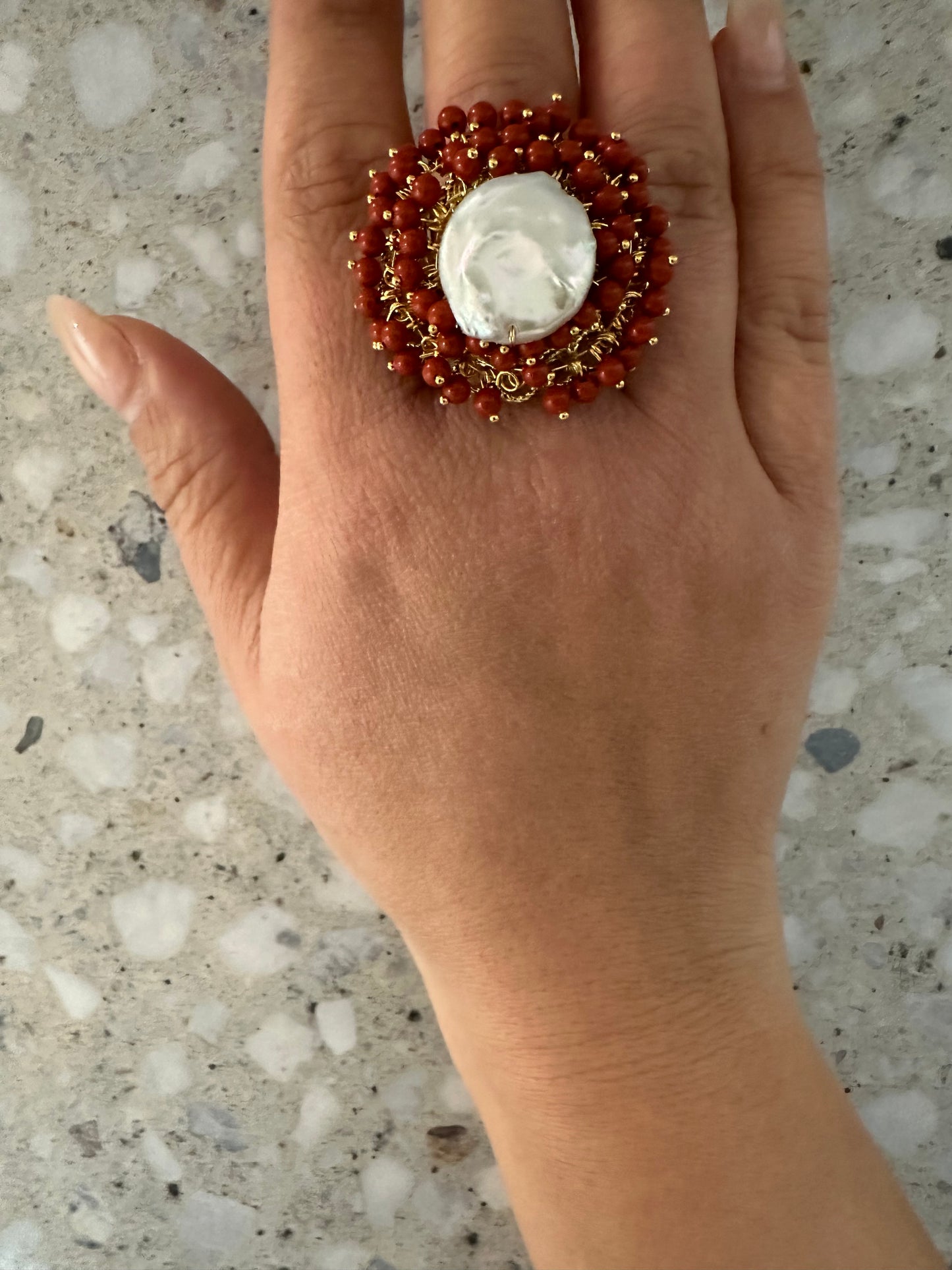 Beaded Pearl Ring - Red