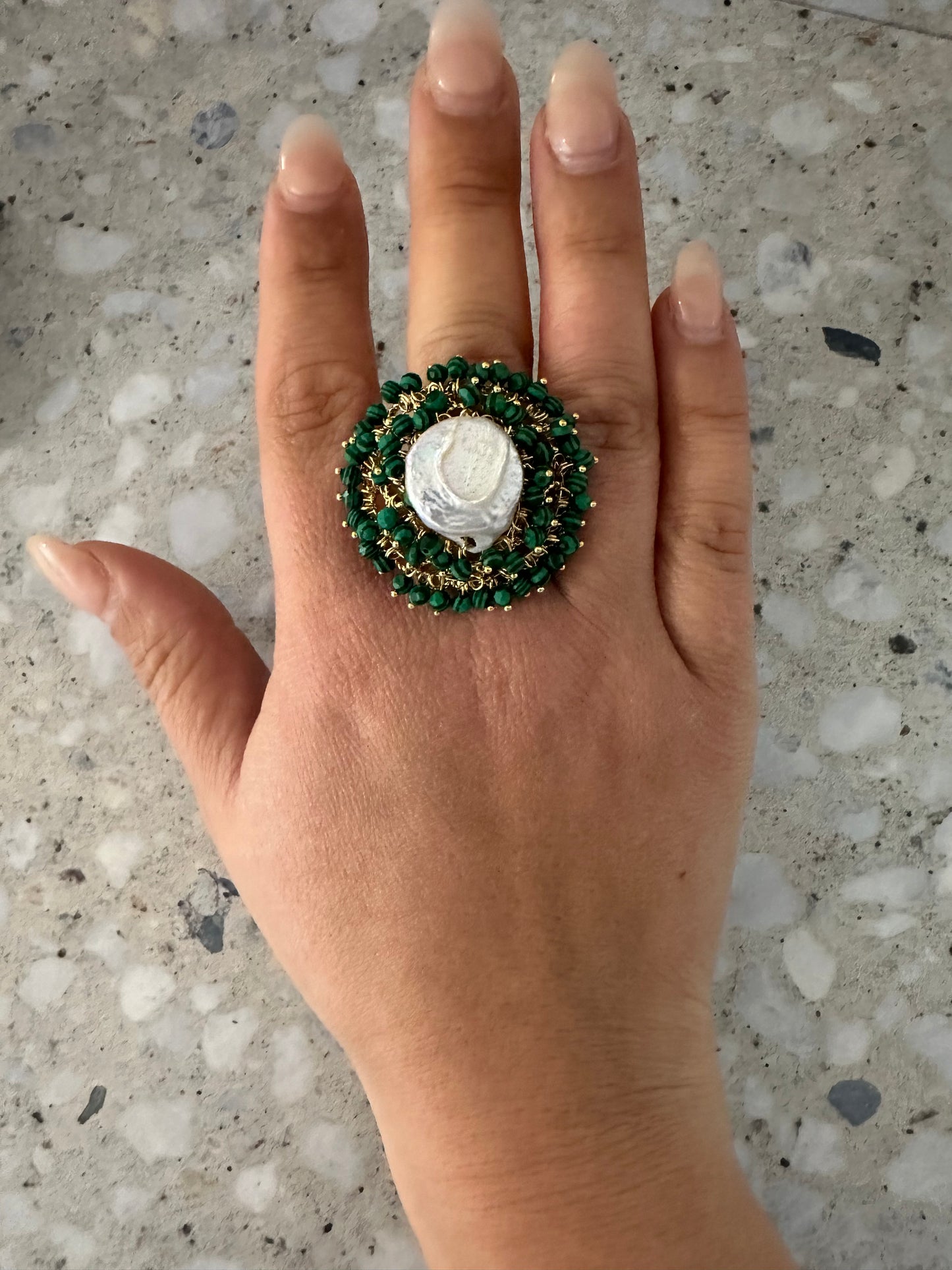 Beaded Pearl Ring - Green