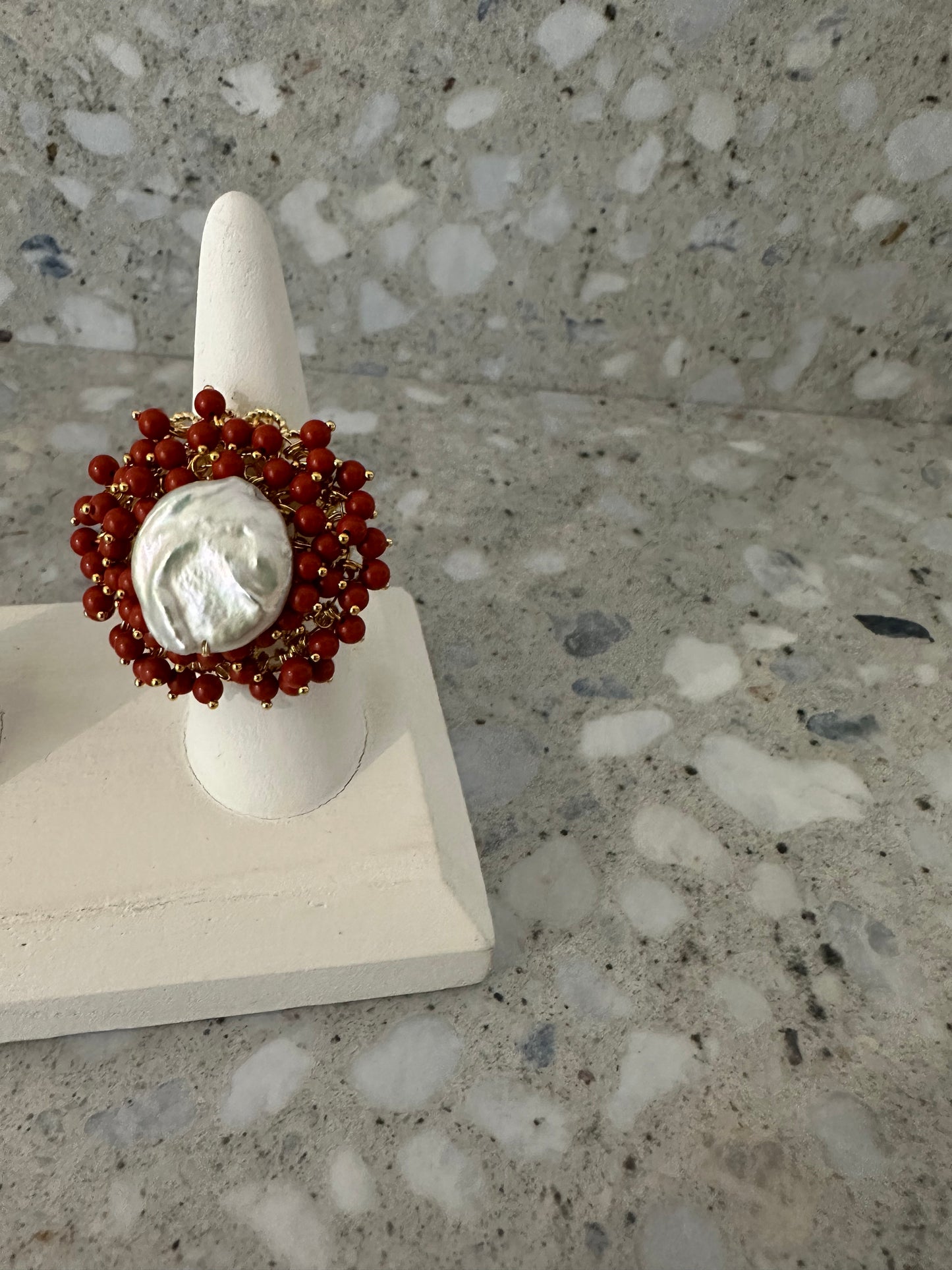 Beaded Pearl Ring - Red