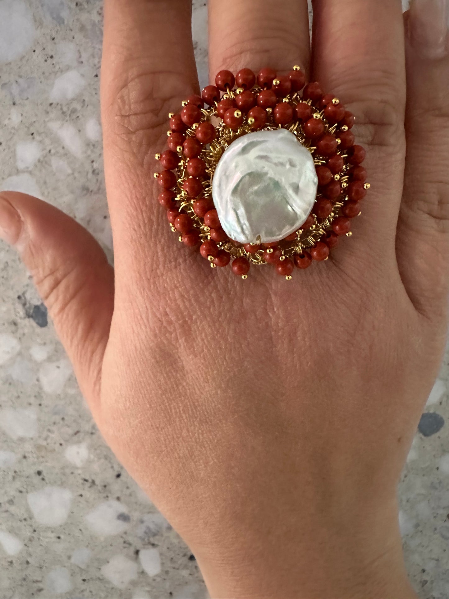 Beaded Pearl Ring - Red